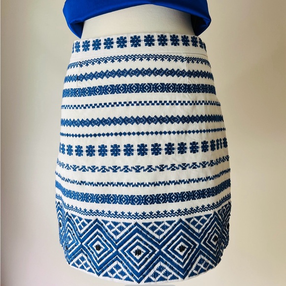 Sam Edelman Embroidered Beaded Stretch Cotton Mini Skirt Womens 6 10 Blue White - Picture 3 of 16